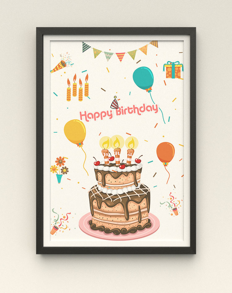 Karikatura narozeniny plakát dort balón svíčka