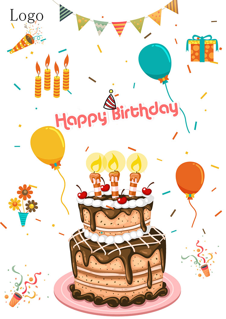 Cartaz de aniversário de desenho animado vela balão de bolo