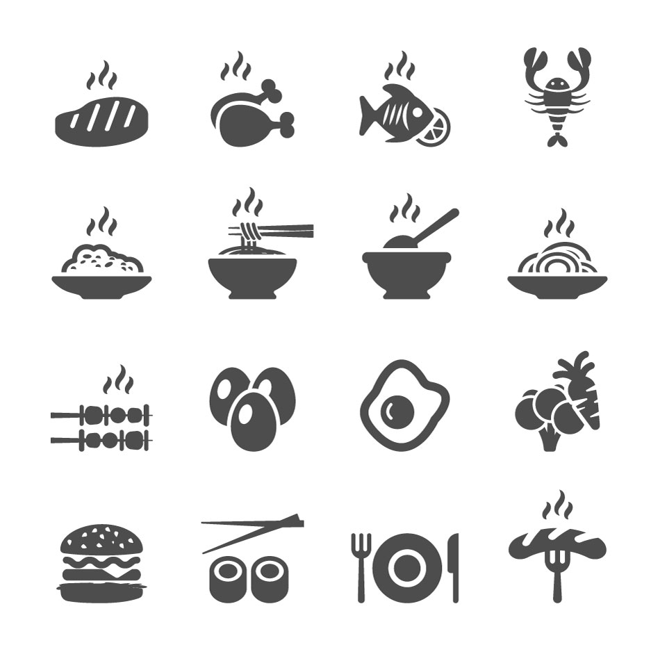16 icone cibo AI vettoriale