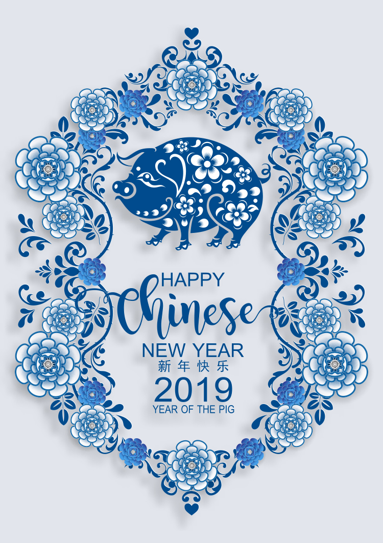 Design grafico per il nuovo anno 2019 in porcellana cinese blu e bianco