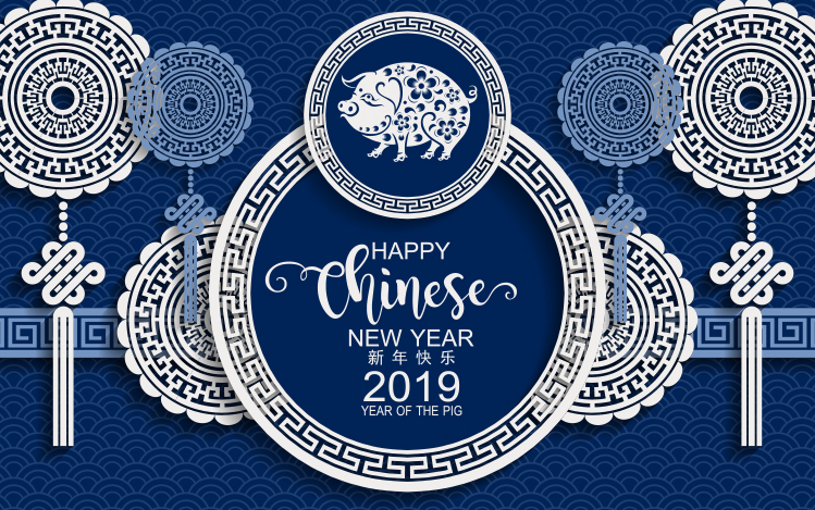 Design grafico per il nuovo anno 2019 in porcellana cinese blu e bianco