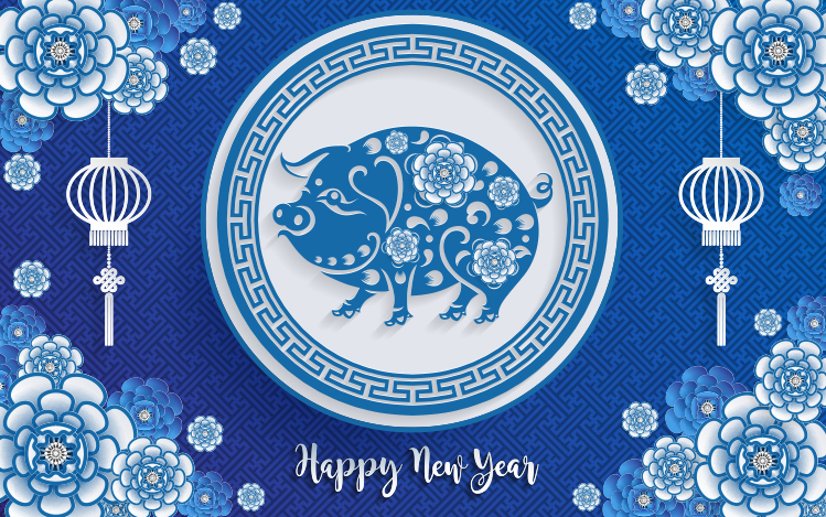 Modrobílý čínský porcelán ve stylu novoročního grafického designu 2019