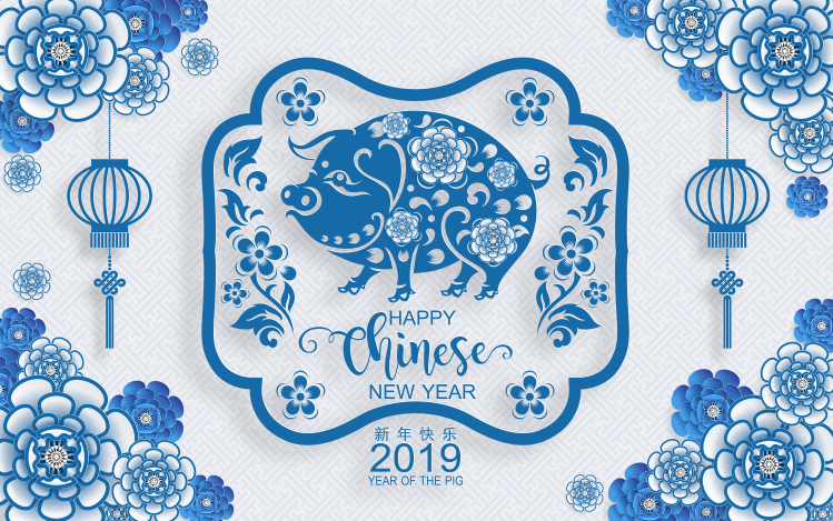 Design gráfico de ano novo de 2019 em porcelana chinesa azul e branca estilo