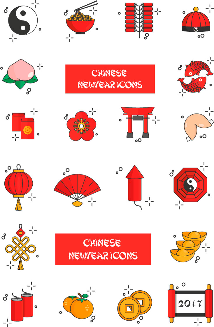 Estilo chinês Primavera Festival Decorações Icons AI Vector