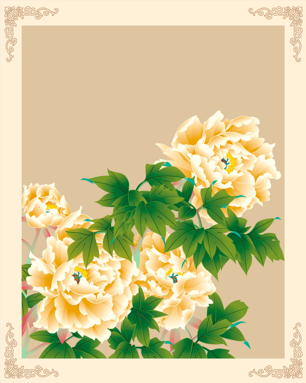 中国式黄色开花的牡丹AI矢量图像