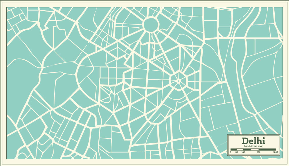 Mano della città che disegna vettore AI di Delhi della mappa