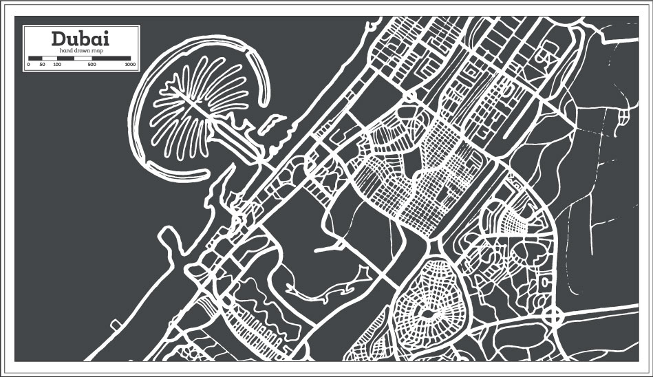Vettore di AI della mappa del Dubai del disegno della mano della città