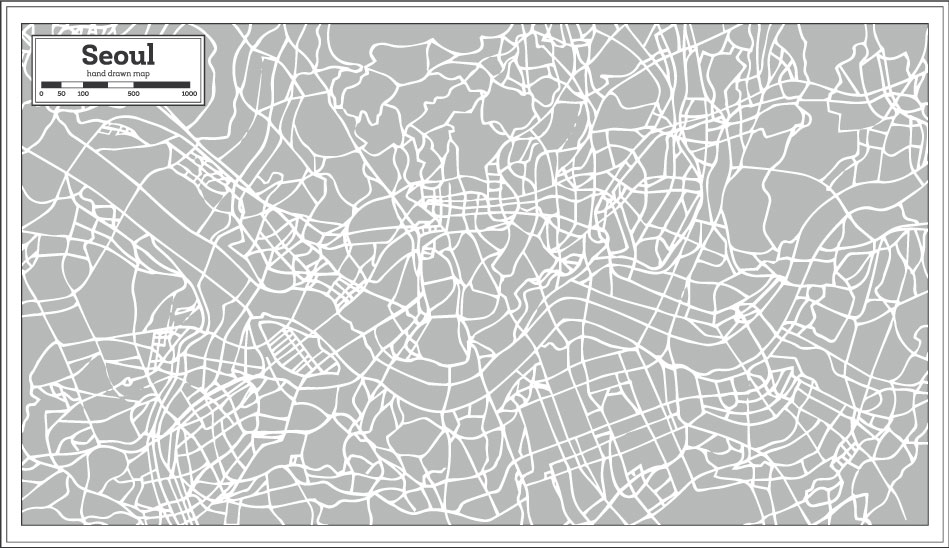 Mano della città che disegna vettore AI di mappa di Seoul