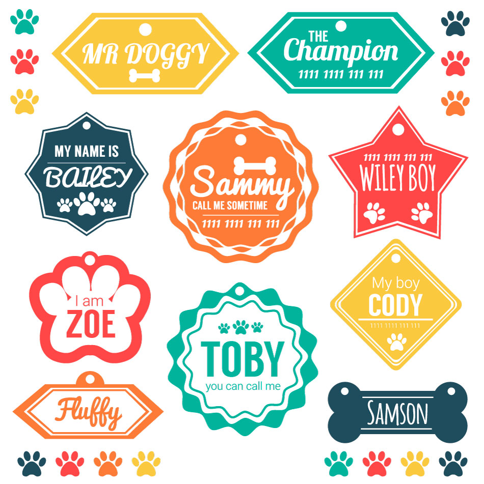 Etiquetas coloridas de los perros de mascota AI Vector