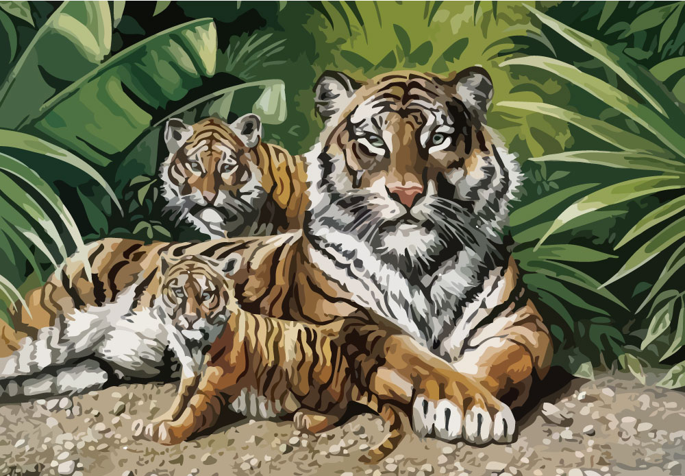 Oil Paint Tiger Family Graphic AI Vector