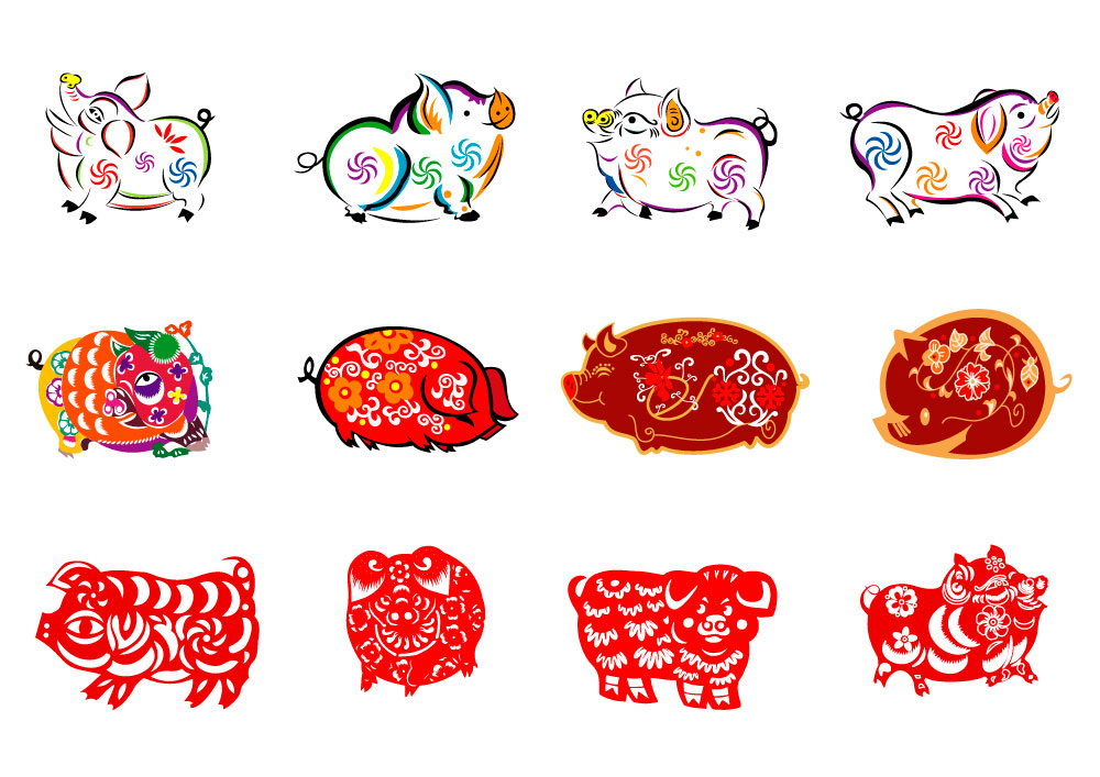 剪纸艺术猪中国生肖AI矢量图像