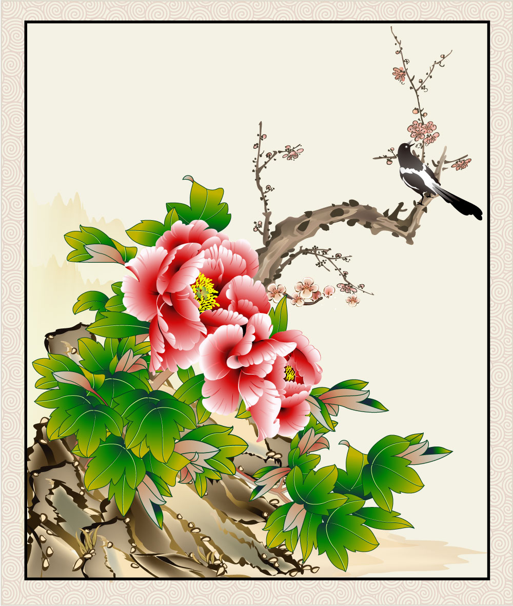 نقاشی واقع گرایانه چینی سنتی گل صد تومانی گرافیکی بردار AI