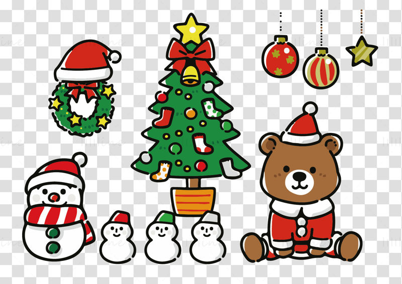 Vector Illustration of Christmas Elements in Cartoon Cute Hand-Drawn Style