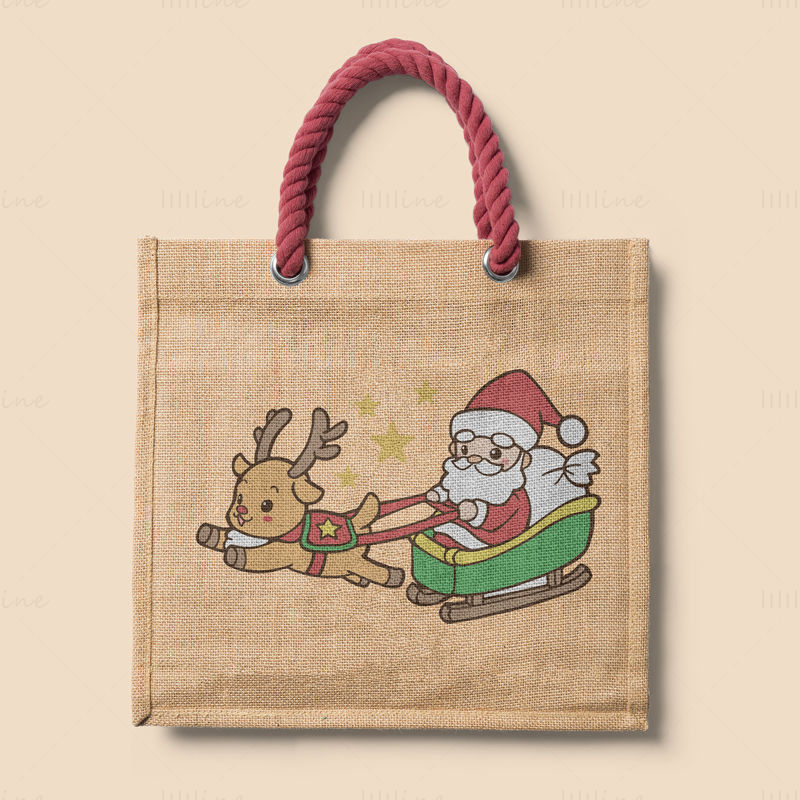 Cartoon hand-drawn style elk pulls a cart carrying Santa Claus and gifts vector illustration