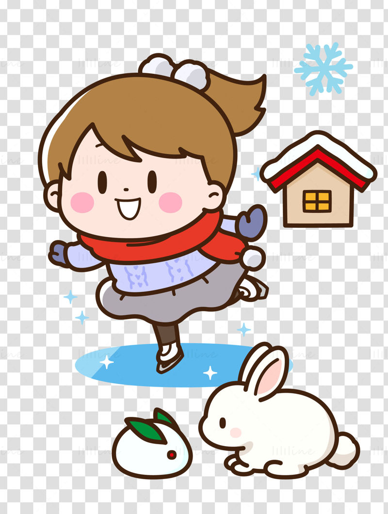 Cute cartoon style winter skiing activity boys and girls vector illustration
