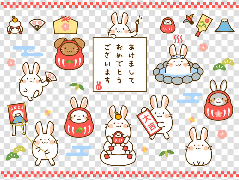 Cute Cartoon Hand Drawn Style Chinese Zodiac Rabbit Pattern Vector Illustration
