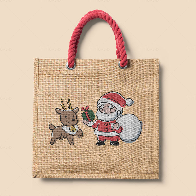 Elk and Santa Claus Vector Illustration in Hand Drawn Style