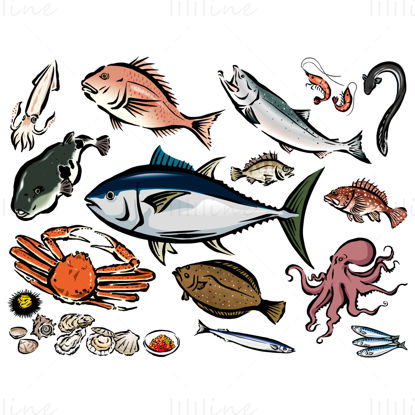 Vector illustration of seafood and fish elements in Chinese wind and ink style