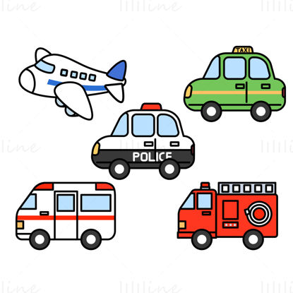 Vector Illustration of Five Transportation Cars in Cartoon Style for Children