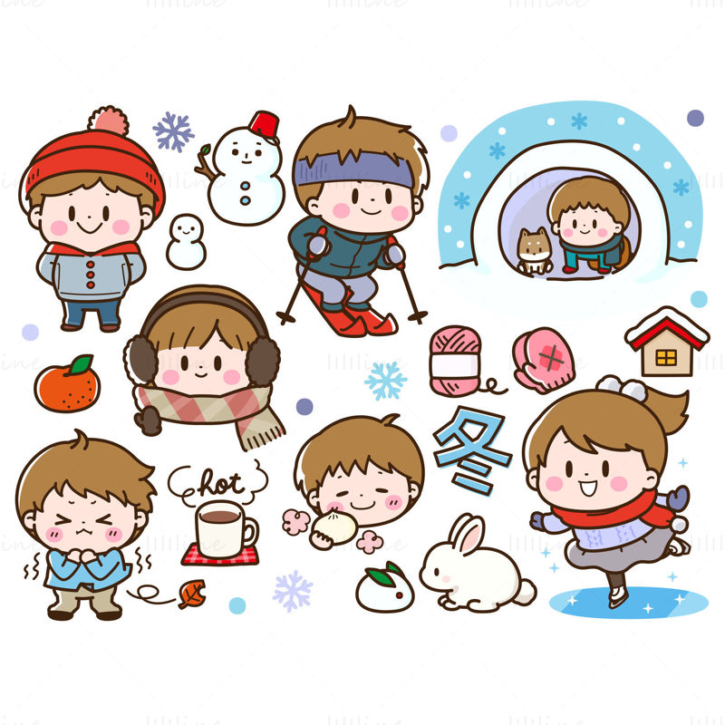 Cute cartoon style winter skiing activity boys and girls vector illustration