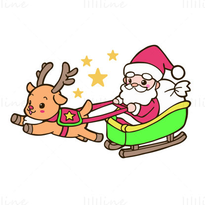 Cartoon hand-drawn style elk pulls a cart carrying Santa Claus and gifts vector illustration