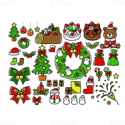 Vector Illustration of Christmas Elements in Cartoon Cute Hand-Drawn Style