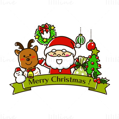 Cartoon cute hand drawn style Santa Claus and elk vector illustration with arched flags