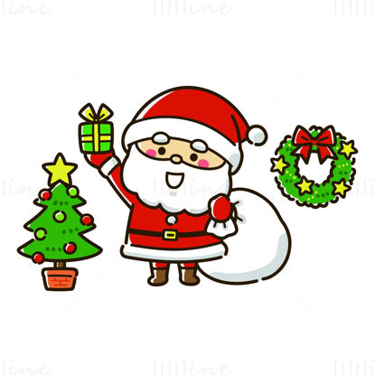 Cute Cartoon Santa Claus Holding Presents Christmas Tree Vector Illustration