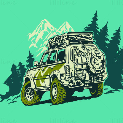 Jeep SUV with equipment going camping outdoors vector illustration