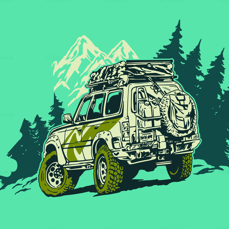 Jeep SUV con equipo para acampar al aire libre ilustración vectorial