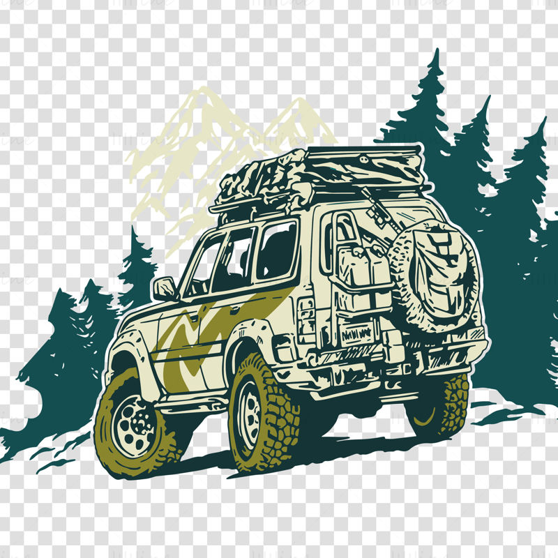 Jeep SUV with equipment going camping outdoors vector illustration