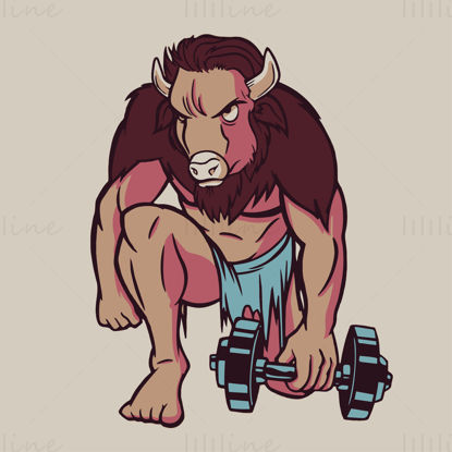 Hand drawn pattern of fitness cow kneeling and holding dumbbells