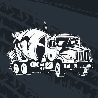 Cement concrete mixer truck with black and white badge