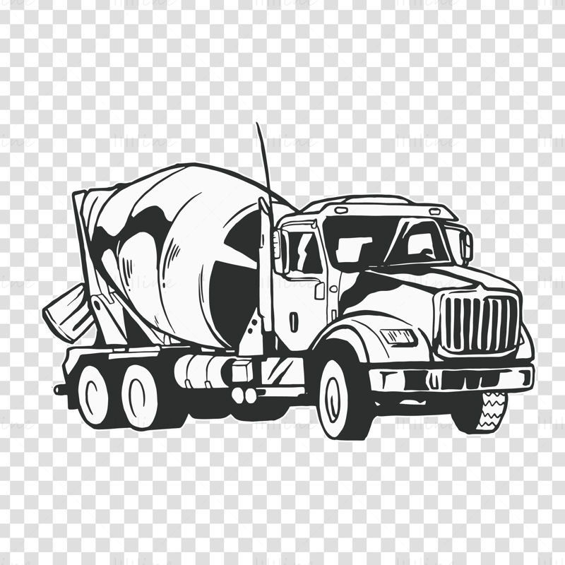 Cement concrete mixer truck with black and white badge