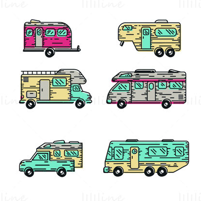 Six Linear Style Camper RV Trailer Vector Illustrations