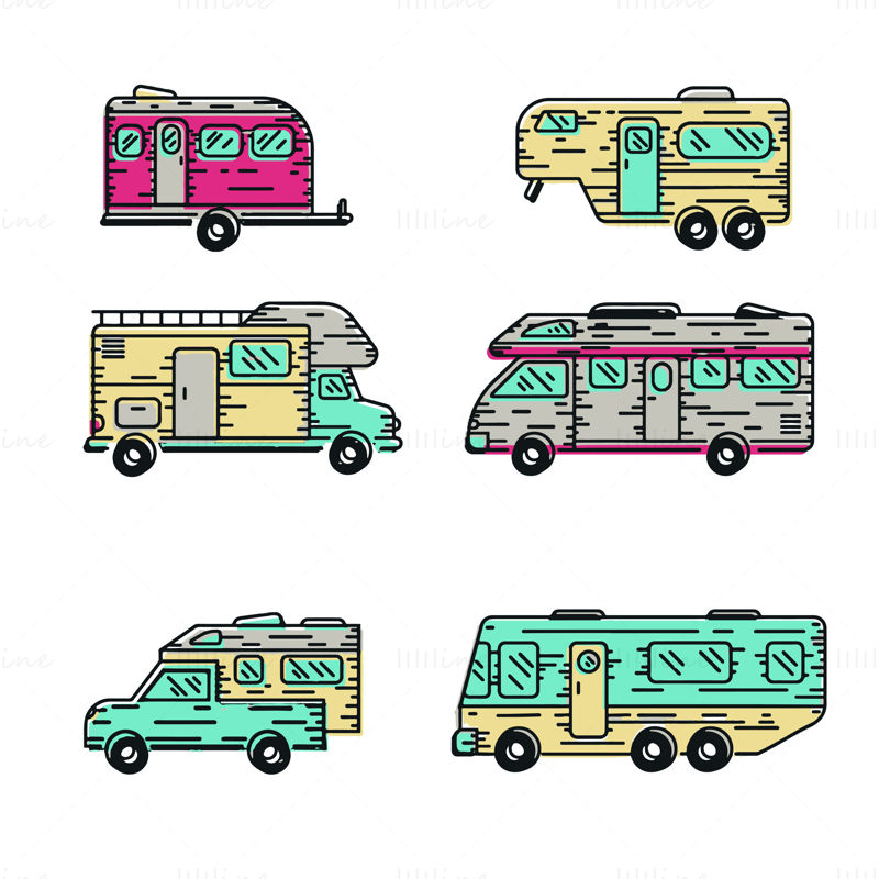 Seis ilustraciones vectoriales de remolque de caravana de estilo lineal