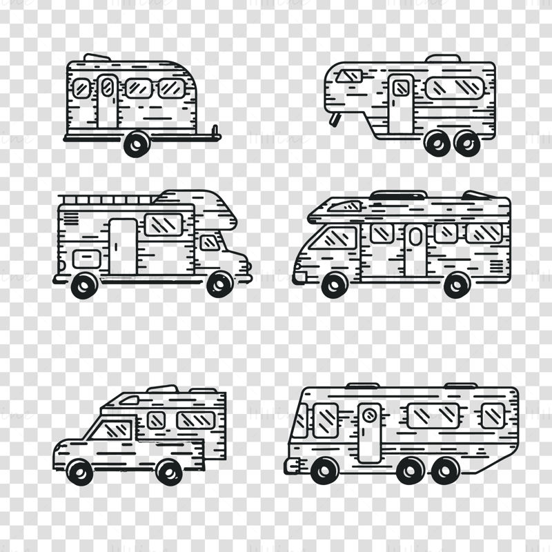 6 直線的なスタイルのキャンピングカー RV トレーラー ベクトル イラスト