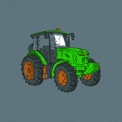 Ilustrație vectorială cu model desenat manual de tractor de mare viteză verde