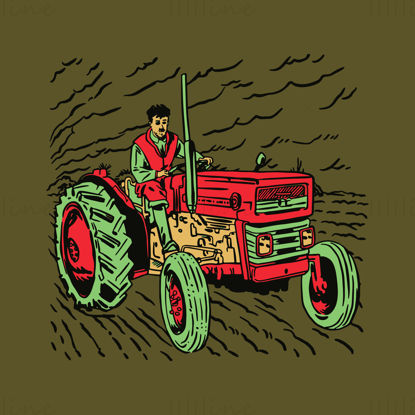 Man Driving Red Tractor Vector Illustration