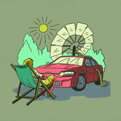 Man sits in the sun and basks in the sun solar red sports car charging vector illustration