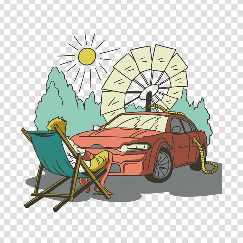Man sits in the sun and basks in the sun solar red sports car charging vector illustration