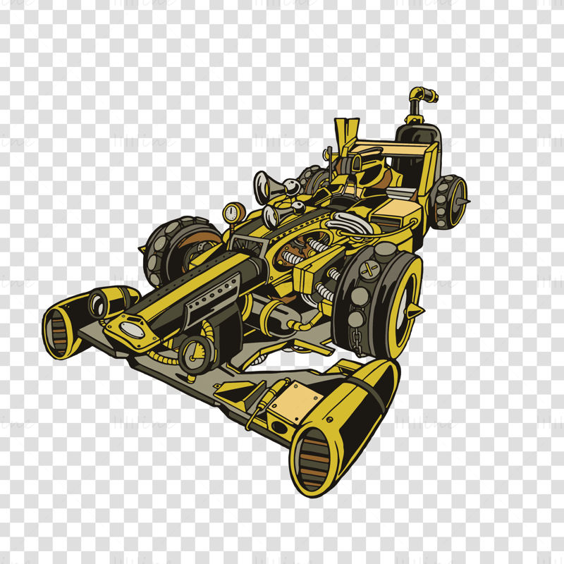 Ilustrație vectorială a mașinii de formula 1 galbenă în stilul apocalipsei Cyberpunk