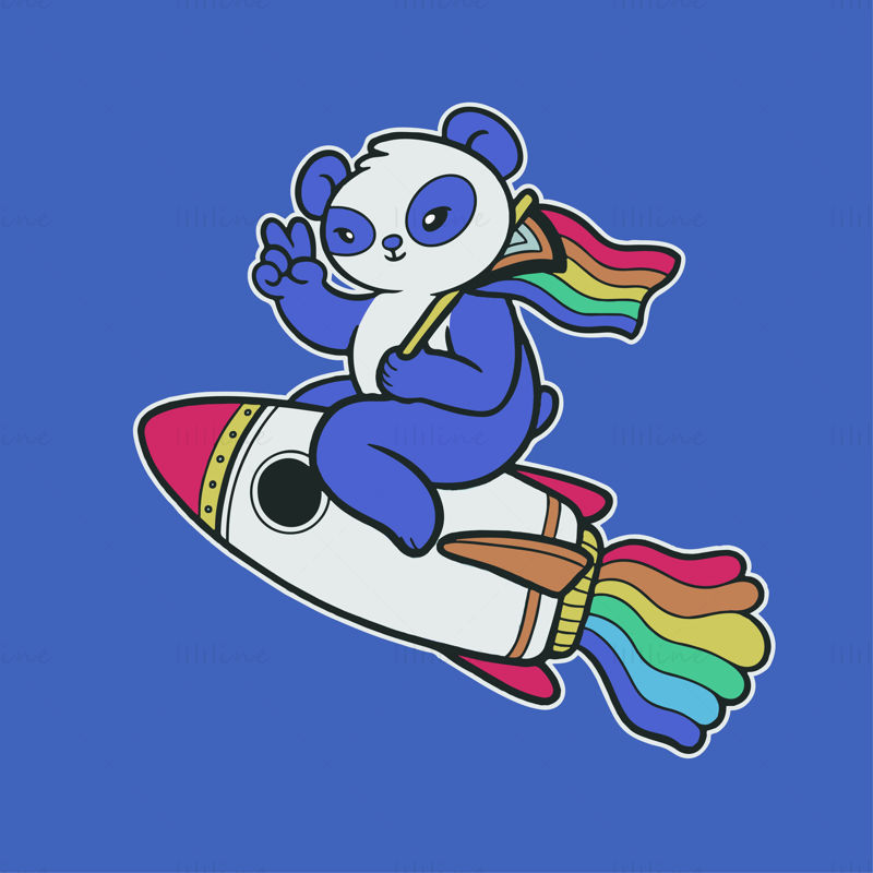 panda sosteniendo una bandera del arco iris sentada en una ilustración de cohete