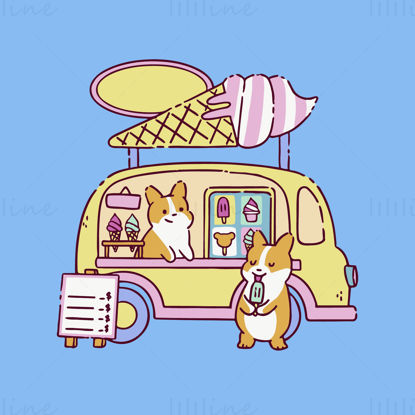 Little Shiba Inu Buying Ice Cream In Front Of The Ice Cream Cart Vector Illustration