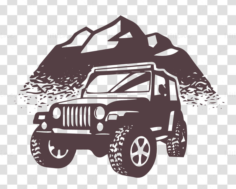 Five black and white jeep off-road vehicles outdoor camping travel vector illustration