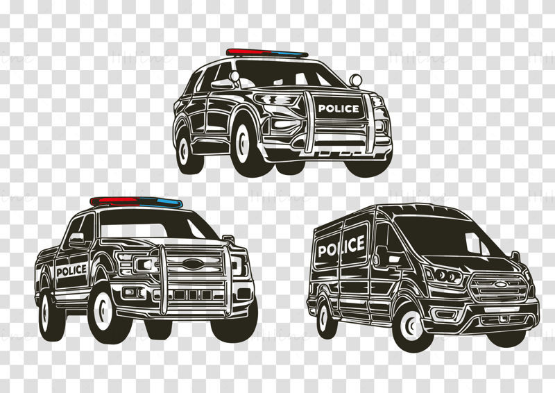 Three black and white flat style police car pickup truck truck vector illustration with police lights