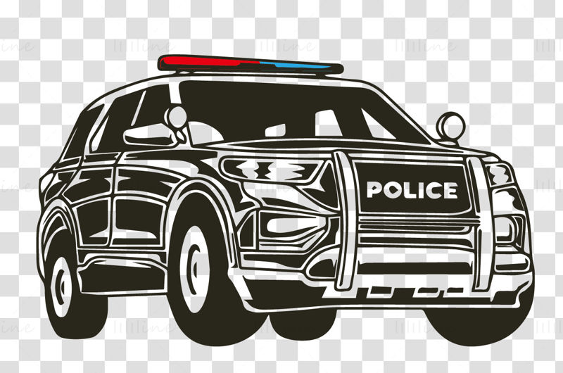Three black and white flat style police car pickup truck truck vector illustration with police lights