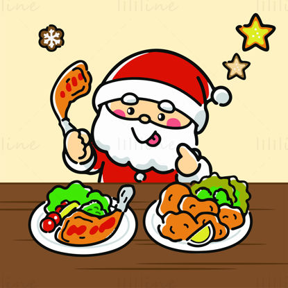 Greedy Santa Claus holding chicken legs and fried chicken vector illustration