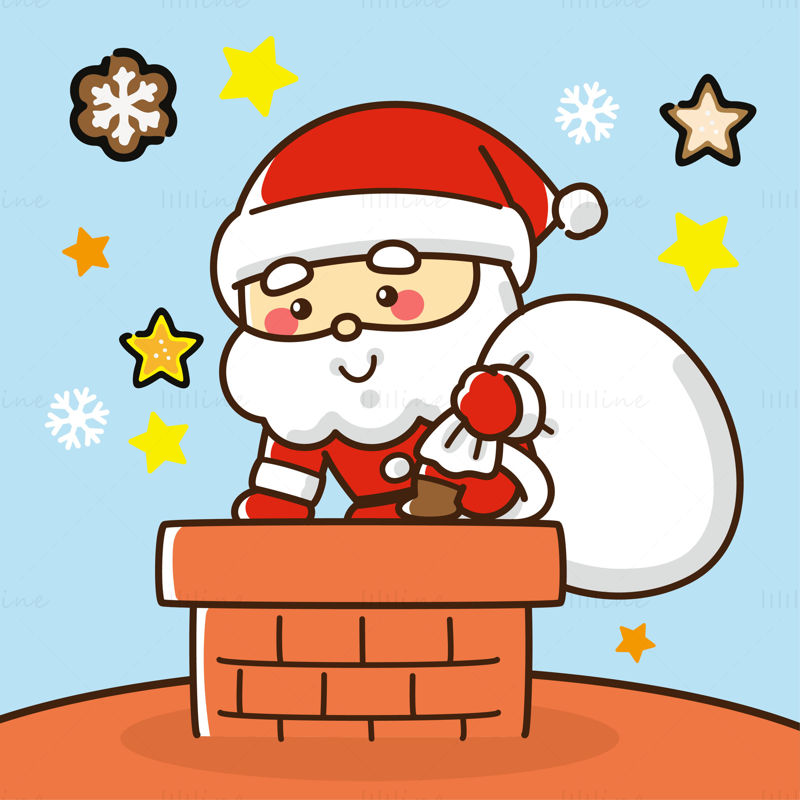 Santa Claus carrying a gift bag climbing the chimney to deliver gifts holiday elements vector illustration