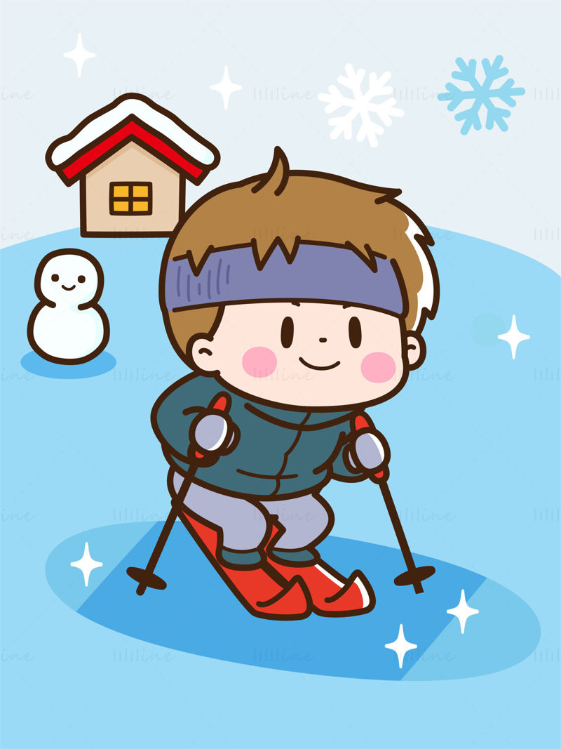 Boy with headband skiing in the ice and snow with snowflakes and snowman little house winter elements vector illustration